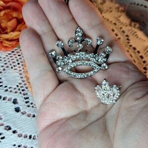 Sparkly Silvertone Crown & Tiara Brooch Bundle w/ Rhinestones